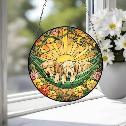 Custom Couple Golden Retriever Glass Suncatcher, Golden Retriever Mom Window Hanging, Wiener Dog Sun Catcher, Pet Lover Gift - image 2