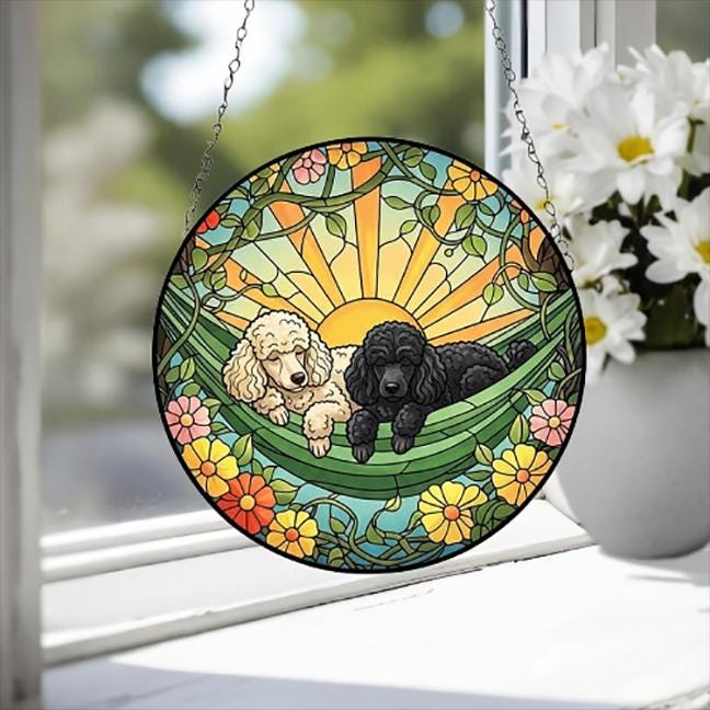 Custom Couple Poodle  Glass Suncatcher, Poodle  Mom Window Hanging, Wiener Dog Sun Catcher, Pet Lover Gift