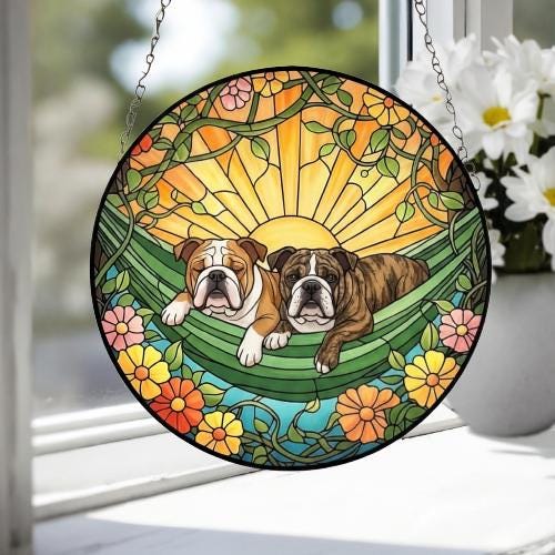 Custom Couple Bulldog  Glass Suncatcher, Bulldog Mom Window Hanging, Wiener Dog Sun Catcher, Pet Lover Gift - image 2
