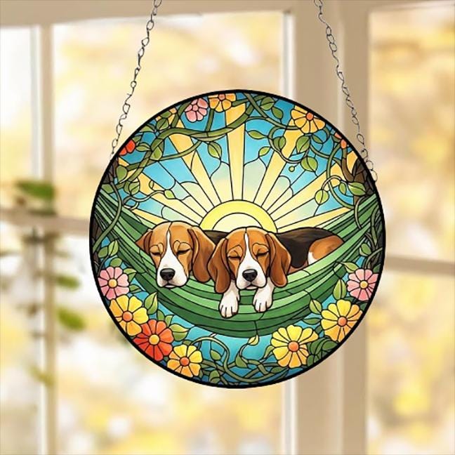 Custom Couple Beagle Glass Suncatcher, Beagle Mom Window Hanging, Wiener Dog Sun Catcher, Pet Lover Gift