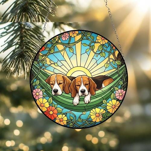 Custom Couple Beagle Glass Suncatcher, Beagle Mom Window Hanging, Wiener Dog Sun Catcher, Pet Lover Gift - image 2