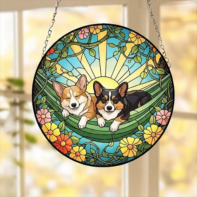 Custom Couple Pembroke Welsh Corgi Glass Suncatcher, Pembroke Welsh Corgi Mom Window Hanging, Wiener Dog Sun Catcher, Pet Lover Gift
