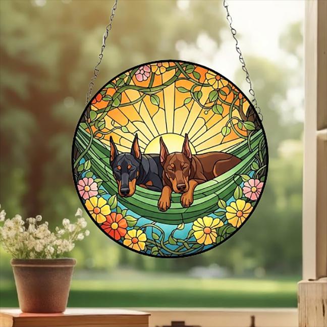 Custom Couple Doberman Pinscher Glass Suncatcher, Doberman Pinscher Mom Window Hanging, Wiener Dog Sun Catcher, Pet Lover Gift