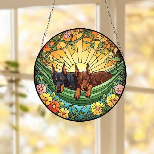 Custom Couple Doberman Pinscher Glass Suncatcher, Doberman Pinscher Mom Window Hanging, Wiener Dog Sun Catcher, Pet Lover Gift - image 3