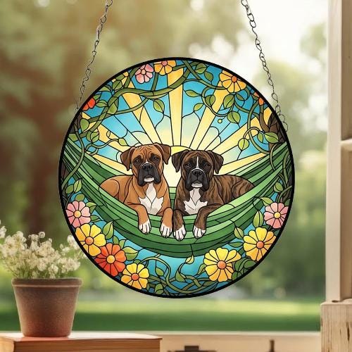 Custom Couple Boxer dog Glass Suncatcher, Boxer dog Mom Window Hanging, Wiener Dog Sun Catcher, Pet Lover Gift - image 2