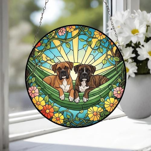 Custom Couple Boxer dog Glass Suncatcher, Boxer dog Mom Window Hanging, Wiener Dog Sun Catcher, Pet Lover Gift - image 3