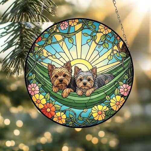 Custom Couple Yorkshire Terrier Glass Suncatcher, Yorkshire Terrier dog Mom Window Hanging, Wiener Dog Sun Catcher, Pet Lover Gift - image 2