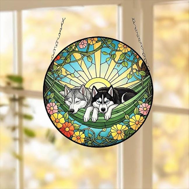 Custom Couple Siberian Husky Glass Suncatcher, Siberian Husky dog Mom Window Hanging, Wiener Dog Sun Catcher, Pet Lover Gift