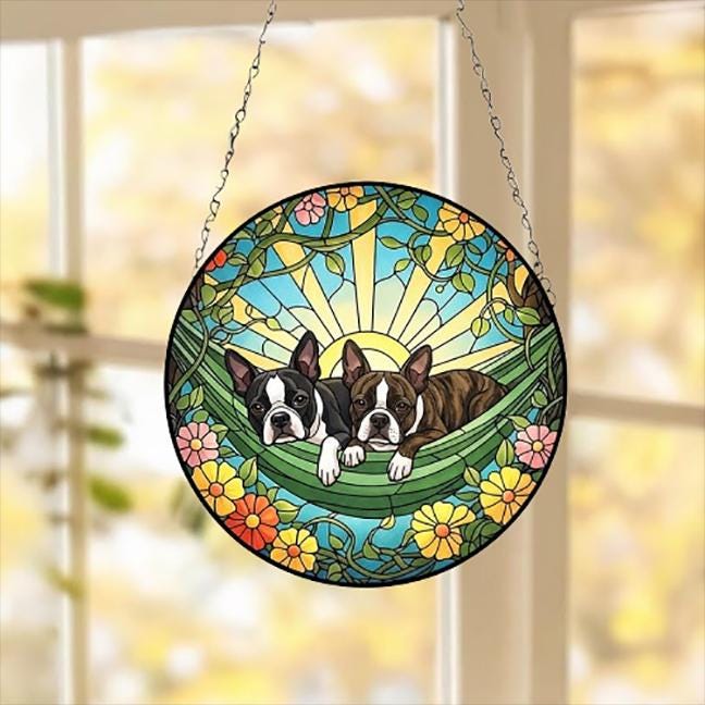 Custom Couple Boston terrier Glass Suncatcher, boston terrier  dog Mom Window Hanging, Wiener Dog Sun Catcher, Pet Lover Gift