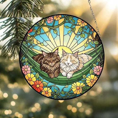 Custom Couple Maine Coon Glass Suncatcher, Maine Coon cat Mom Window Hanging, Wiener Cat Sun Catcher, Pet Lover Gift - image 2