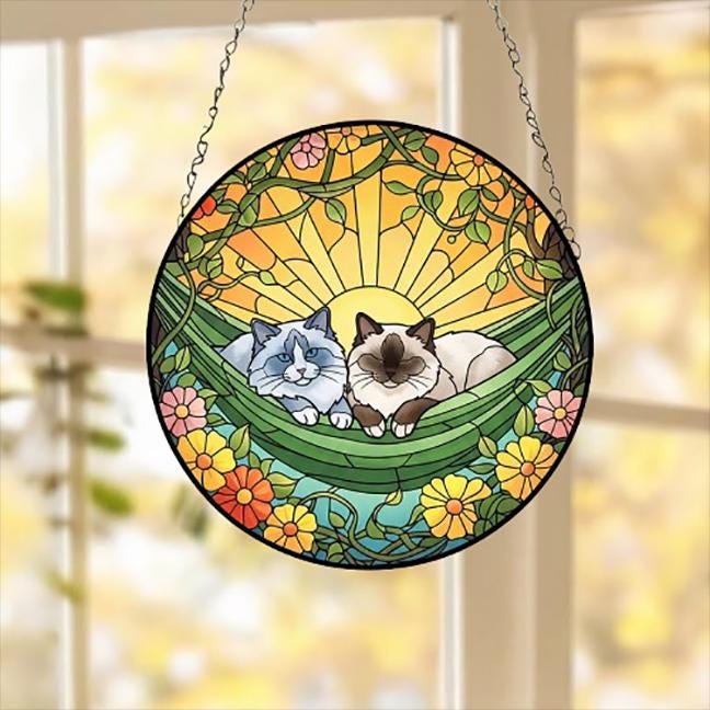 Custom Couple Ragdoll  Glass Suncatcher, Ragdoll cat Mom Window Hanging, Wiener Cat Sun Catcher, Pet Lover Gift