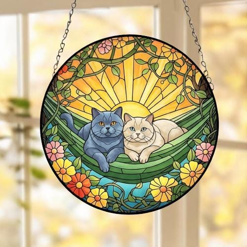 Custom Couple British Shorthair  Glass Suncatcher, British Shorthair cat Mom Window Hanging, Wiener Cat Sun Catcher, Pet Lover Gift - image 2