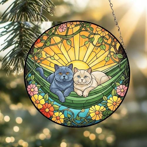 Custom Couple British Shorthair  Glass Suncatcher, British Shorthair cat Mom Window Hanging, Wiener Cat Sun Catcher, Pet Lover Gift - image 3