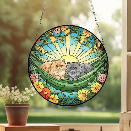 Custom Couple Persian  Glass Suncatcher, Persian  cat Mom Window Hanging, Wiener Cat Sun Catcher, Pet Lover Gift - image 2