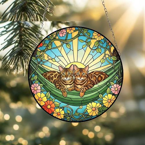 Custom Couple Bengal  Glass Suncatcher, Bengal  cat Mom Window Hanging, Wiener Cat Sun Catcher, Pet Lover Gift - image 4