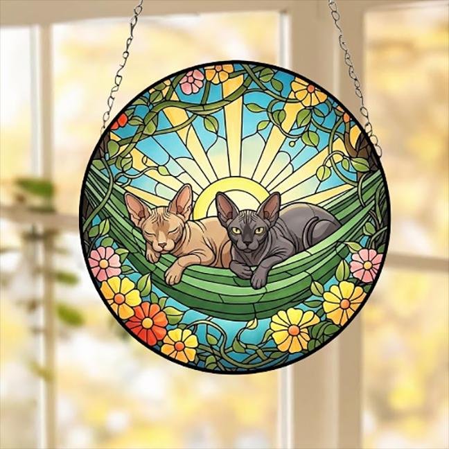 Custom Couple Sphynx Glass Suncatcher, Sphynx cat Mom Window Hanging, Wiener Cat Sun Catcher, Pet Lover Gift