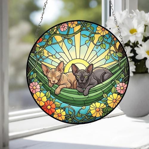 Custom Couple Sphynx Glass Suncatcher, Sphynx cat Mom Window Hanging, Wiener Cat Sun Catcher, Pet Lover Gift - image 6