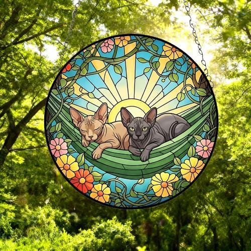 Custom Couple Sphynx Glass Suncatcher, Sphynx cat Mom Window Hanging, Wiener Cat Sun Catcher, Pet Lover Gift - image 2