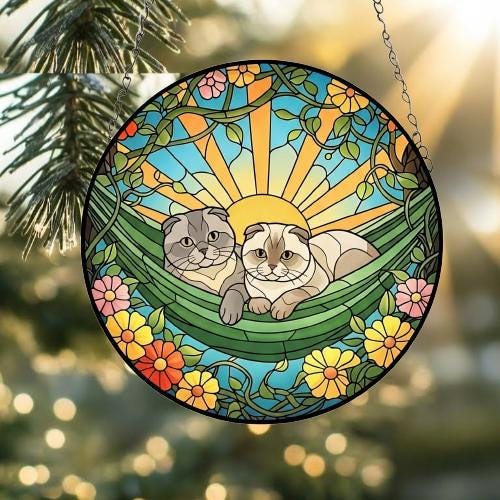 Custom Couple Scottish Fold Glass Suncatcher, Scottish Fold cat Mom Window Hanging, Wiener Cat Sun Catcher, Pet Lover Gift - image 2