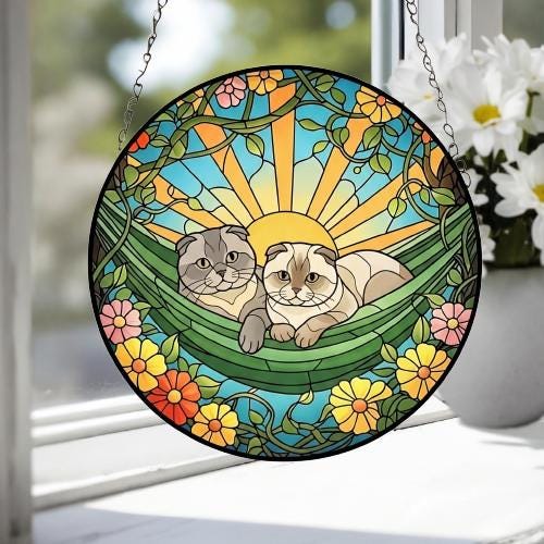 Custom Couple Scottish Fold Glass Suncatcher, Scottish Fold cat Mom Window Hanging, Wiener Cat Sun Catcher, Pet Lover Gift - image 4