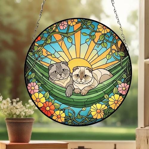 Custom Couple Scottish Fold Glass Suncatcher, Scottish Fold cat Mom Window Hanging, Wiener Cat Sun Catcher, Pet Lover Gift - image 3