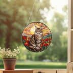 Custom Cat Stained Glass Suncatcher, Mothers Day Gift For Mom, Poppies Flower Suncatcher, Maine Coon Hanging Window, Cat Lover Gift - image 2