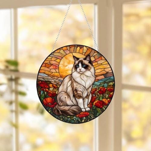 Custom Cat Stained Glass Suncatcher, Mothers Day Gift For Mom, Poppies Flower Suncatcher,Ragdoll Hanging Window,Cat Lover Gift,Flowers Field - image 5