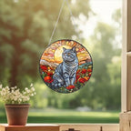 Custom Cat Stained Glass Suncatcher, Mothers Day Gift For Mom, Poppies Flower Suncatcher, British Shorthair Hanging Window, Cat Lover Gift