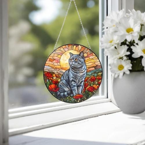 Custom Cat Stained Glass Suncatcher, Mothers Day Gift For Mom, Poppies Flower Suncatcher, British Shorthair Hanging Window, Cat Lover Gift - image 3
