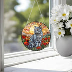 Custom Cat Stained Glass Suncatcher, Mothers Day Gift For Mom, Poppies Flower Suncatcher, British Shorthair Hanging Window, Cat Lover Gift - image 3
