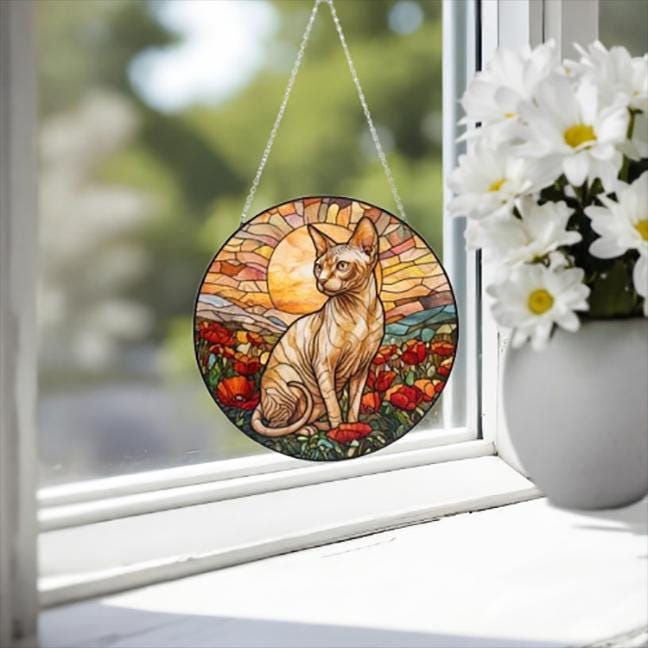 Custom Cat Stained Glass Suncatcher, Mothers Day Gift For Mom, Poppies Flower Suncatcher, Sphynx  Hanging Window, Cat Lover Gift
