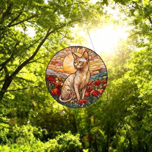 Custom Cat Stained Glass Suncatcher, Mothers Day Gift For Mom, Poppies Flower Suncatcher, Sphynx  Hanging Window, Cat Lover Gift - image 4