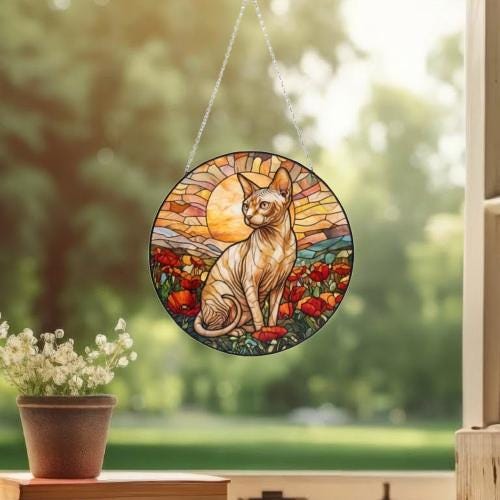 Custom Cat Stained Glass Suncatcher, Mothers Day Gift For Mom, Poppies Flower Suncatcher, Sphynx  Hanging Window, Cat Lover Gift - image 3