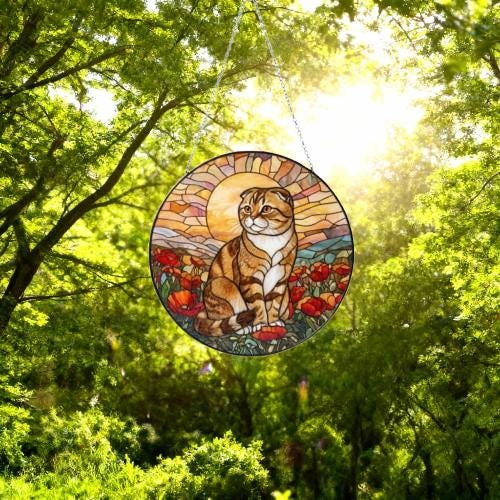 Custom Cat Stained Glass Suncatcher, Mothers Day Gift For Mom, Poppies Flower Suncatcher, Scottish Fold Hanging Window, Cat Lover Gift - image 4