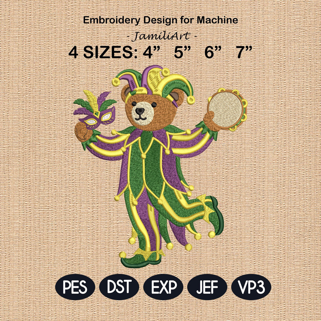 Mardi Gras Teddy Bear Embroidery Design, Jester Bear Machine Embroidery File, Carnival Bear, 4 sizes, Instant Download