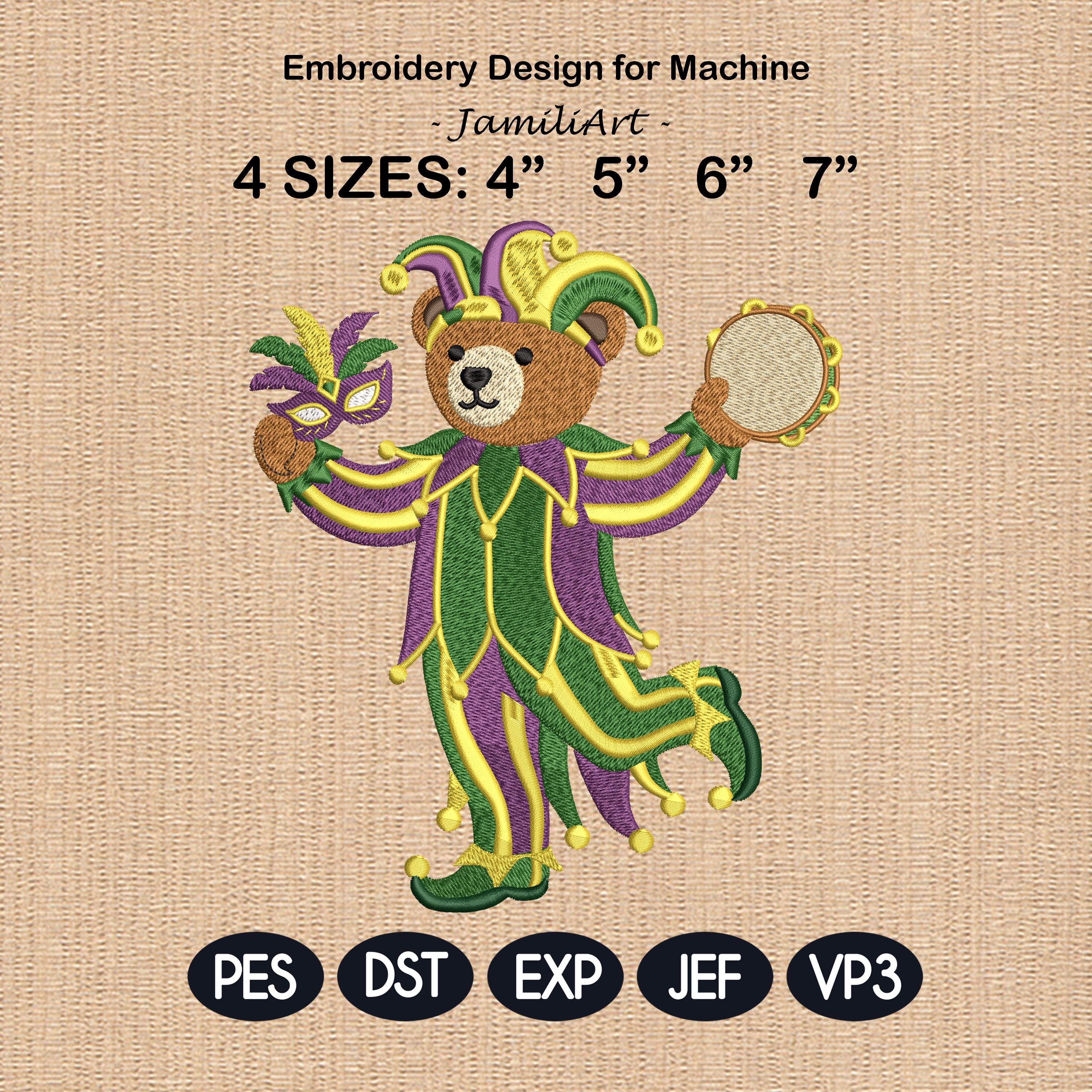 Mardi Gras Teddy Bear Embroidery Design, Jester Bear Machine Embroidery File, Carnival Bear, 4 sizes, Instant Download