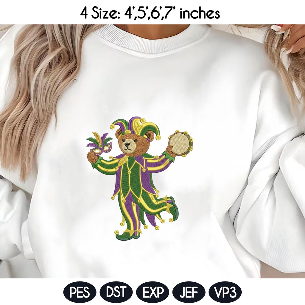Mardi Gras Teddy Bear Embroidery Design, Jester Bear Machine Embroidery File, Carnival Bear, 4 sizes, Instant Download - image 5