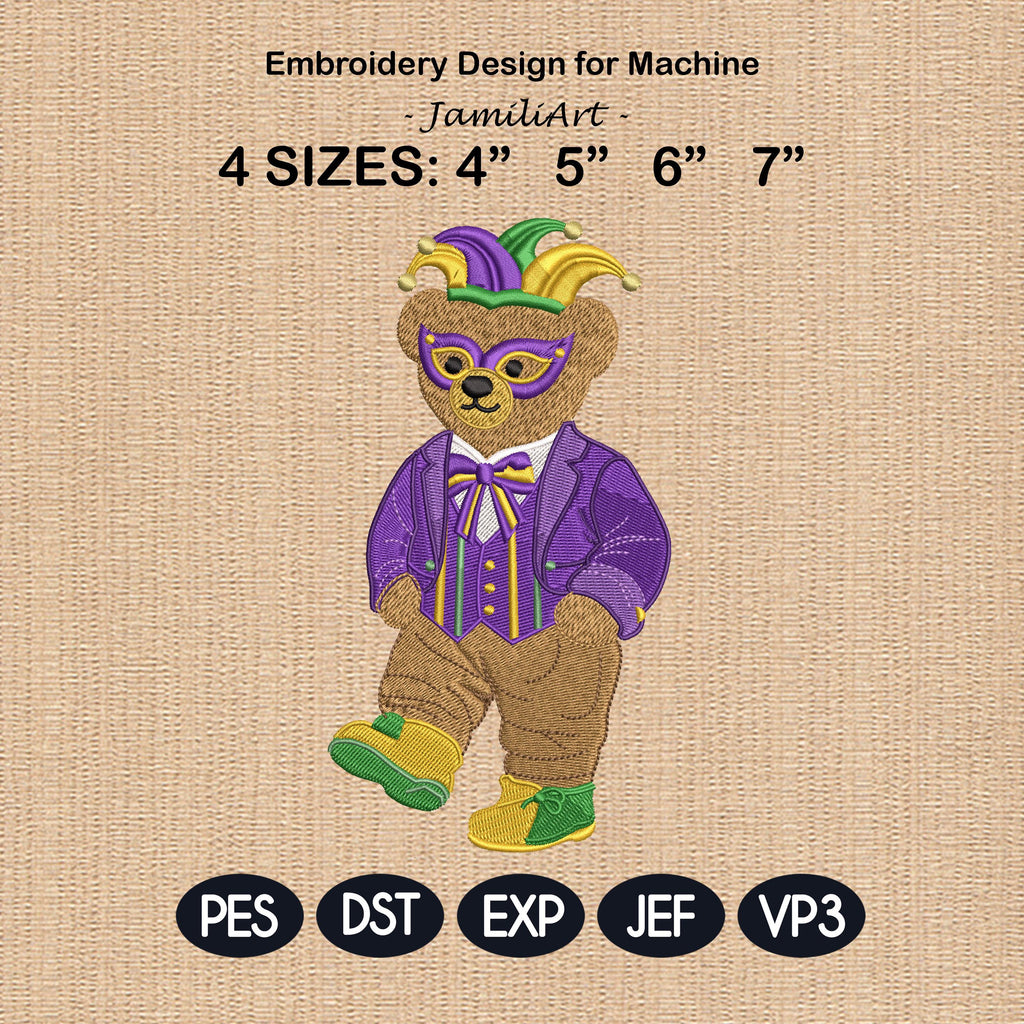 Mardi Gras Teddy Bear Embroidery Design, Masquerade Bear Machine Embroidery, Vintage Carnival Bear, 4 sizes, Instant Download