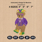 Mardi Gras Teddy Bear Embroidery Design, Masquerade Bear Machine Embroidery, Vintage Carnival Bear, 4 sizes, Instant Download