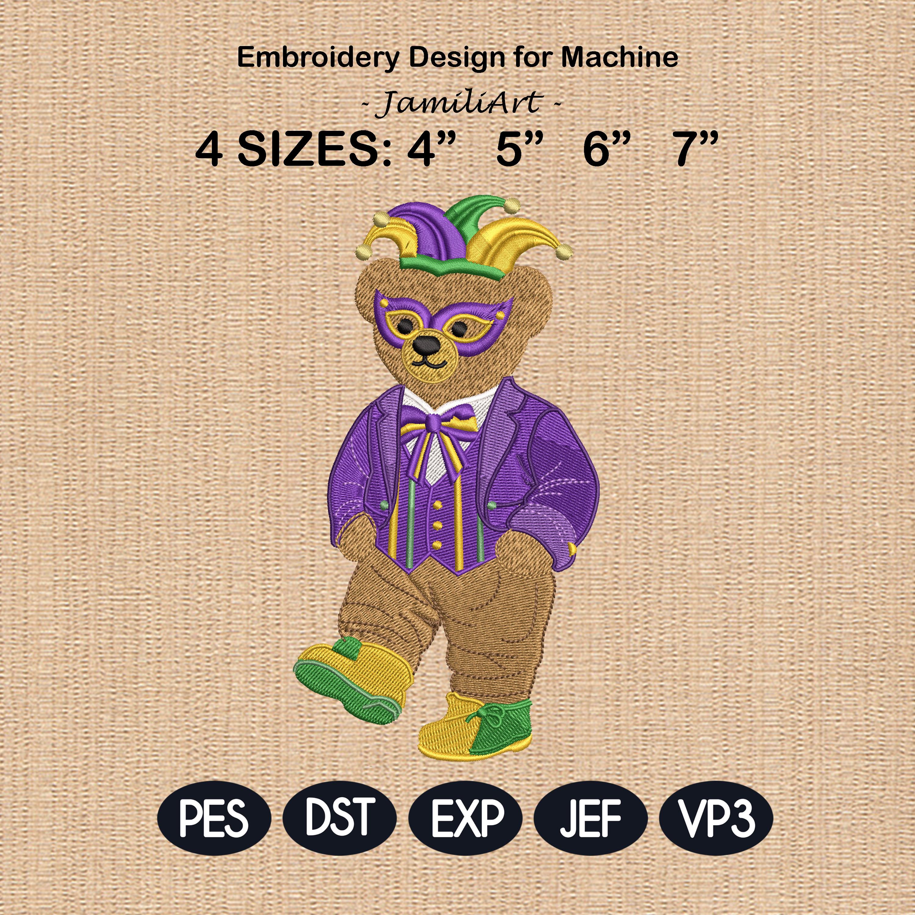 Mardi Gras Teddy Bear Embroidery Design, Masquerade Bear Machine Embroidery, Vintage Carnival Bear, 4 sizes, Instant Download