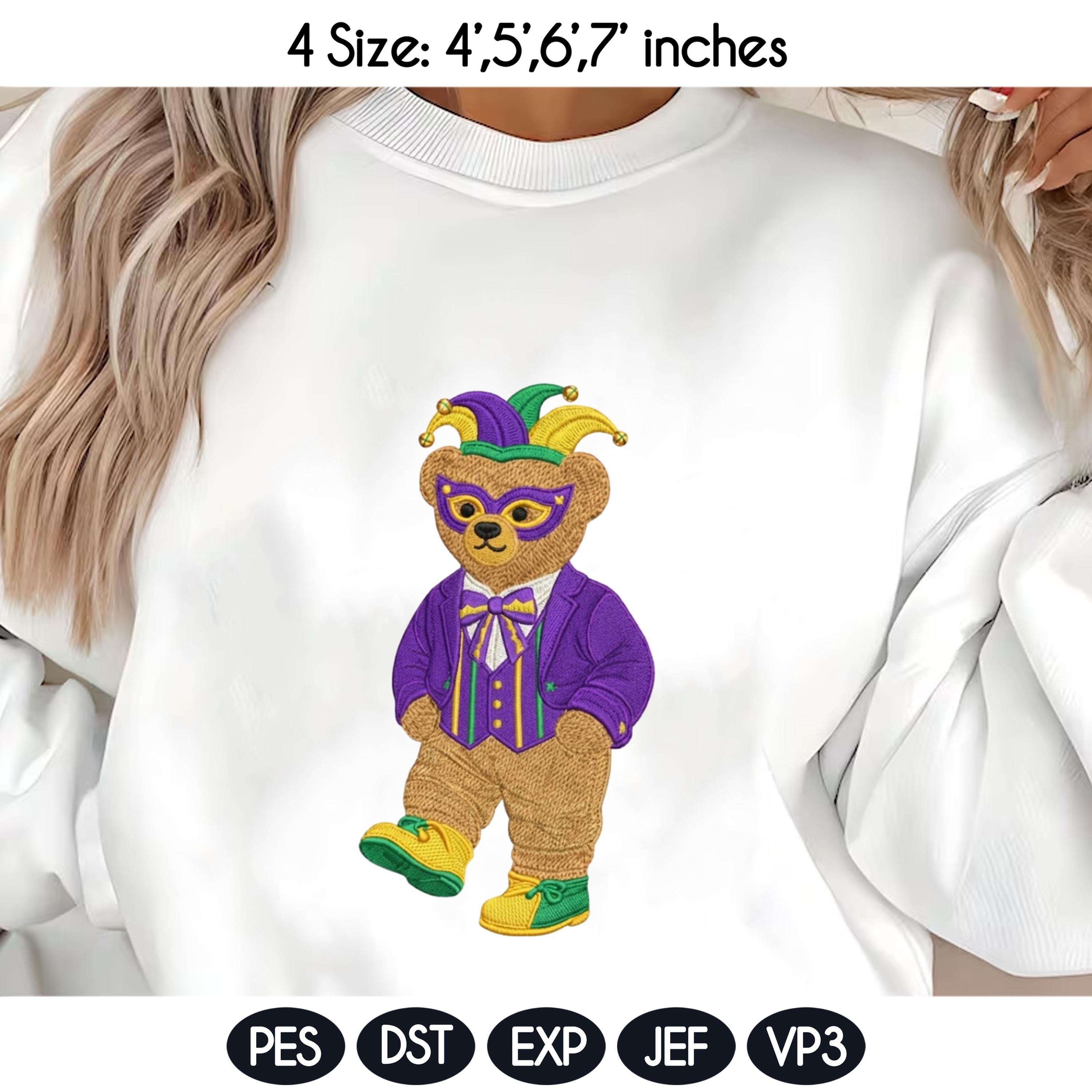 Mardi Gras Teddy Bear Embroidery Design, Masquerade Bear Machine Embroidery, Vintage Carnival Bear, 4 sizes, Instant Download - image 3