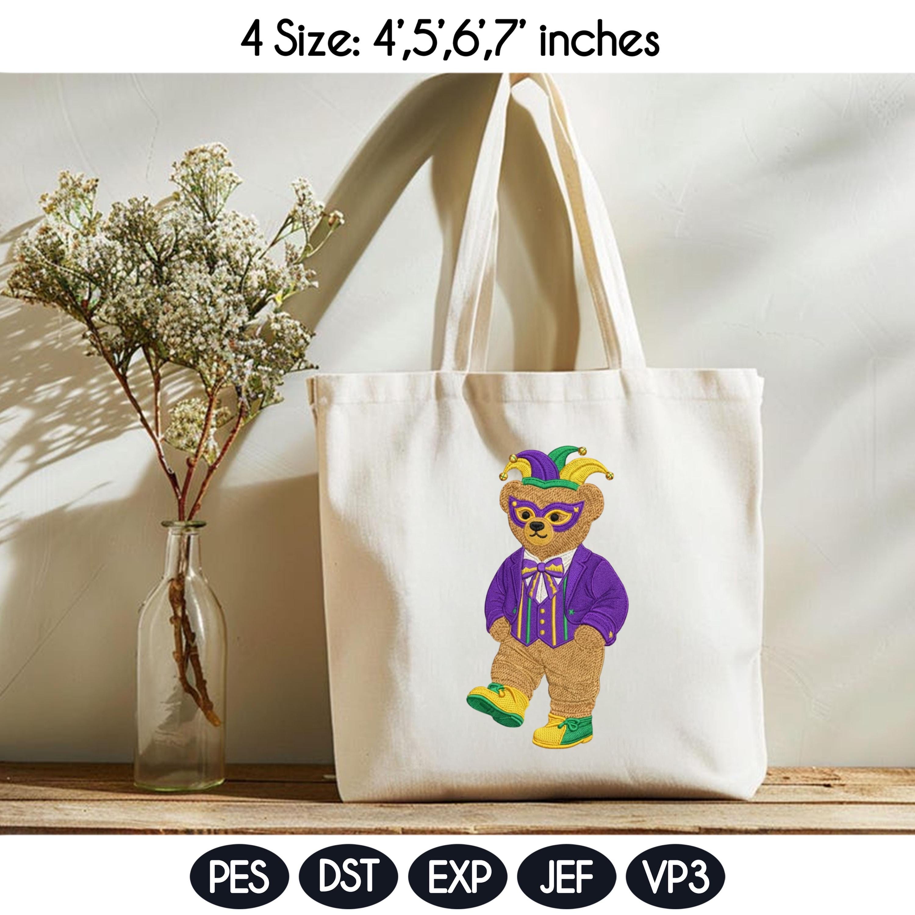 Mardi Gras Teddy Bear Embroidery Design, Masquerade Bear Machine Embroidery, Vintage Carnival Bear, 4 sizes, Instant Download - image 5