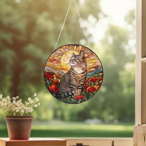 Custom Cat Stained Glass Suncatcher, Mothers Day Gift For Mom, Poppies Flower Suncatcher, American Shorthair Hanging Window, Cat Lover Gift - image 3