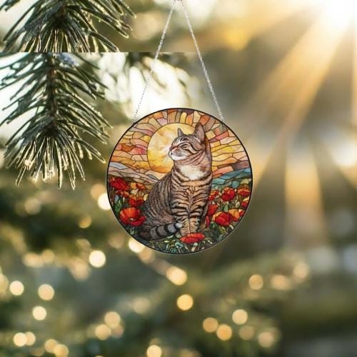 Custom Cat Stained Glass Suncatcher, Mothers Day Gift For Mom, Poppies Flower Suncatcher, American Shorthair Hanging Window, Cat Lover Gift - image 2