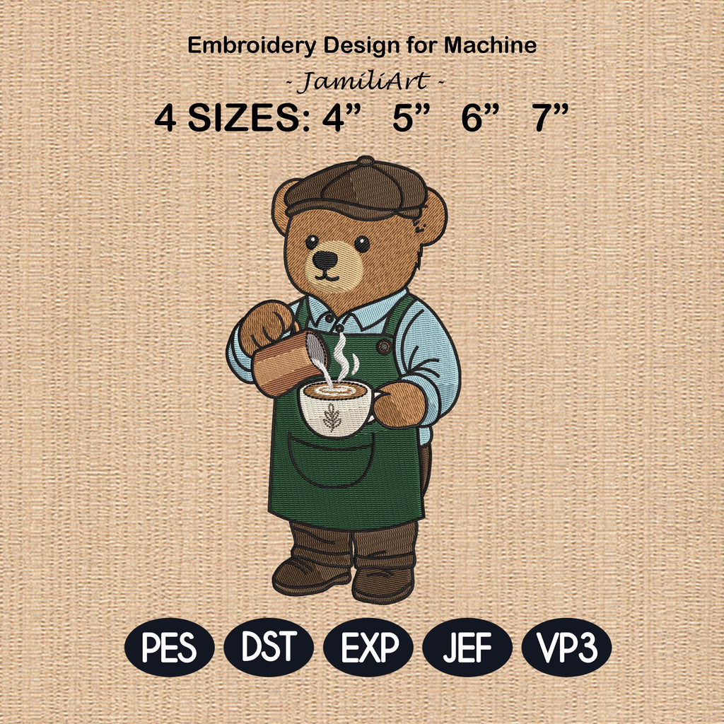 Barista Teddy Bear Embroidery Design, Coffee Bear Machine Embroidery File, Cute Coffee Lover Bear, 4 sizes, Instant Download