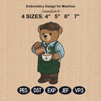 Barista Teddy Bear Embroidery Design, Coffee Bear Machine Embroidery File, Cute Coffee Lover Bear, 4 sizes, Instant Download