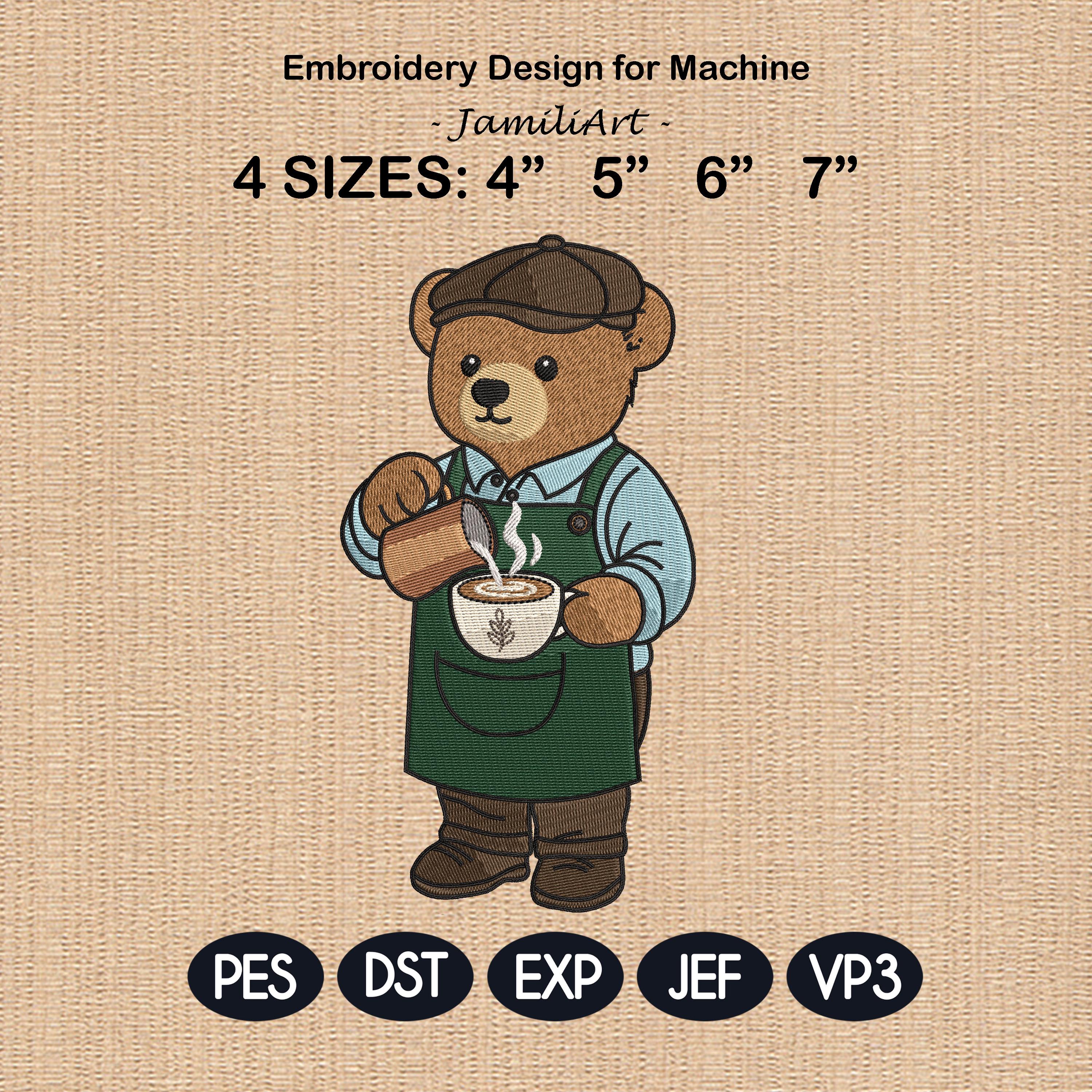 Barista Teddy Bear Embroidery Design, Coffee Bear Machine Embroidery File, Cute Coffee Lover Bear, 4 sizes, Instant Download