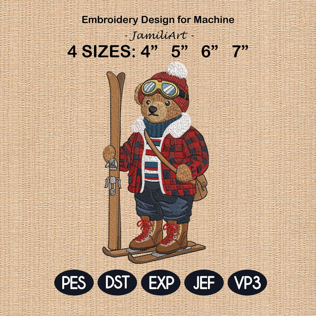 Winter Ski Teddy Bear Embroidery Design, Hiking Bear Machine Embroidery File, Cozy Outdoor Bear, 4 sizes, Instant Download