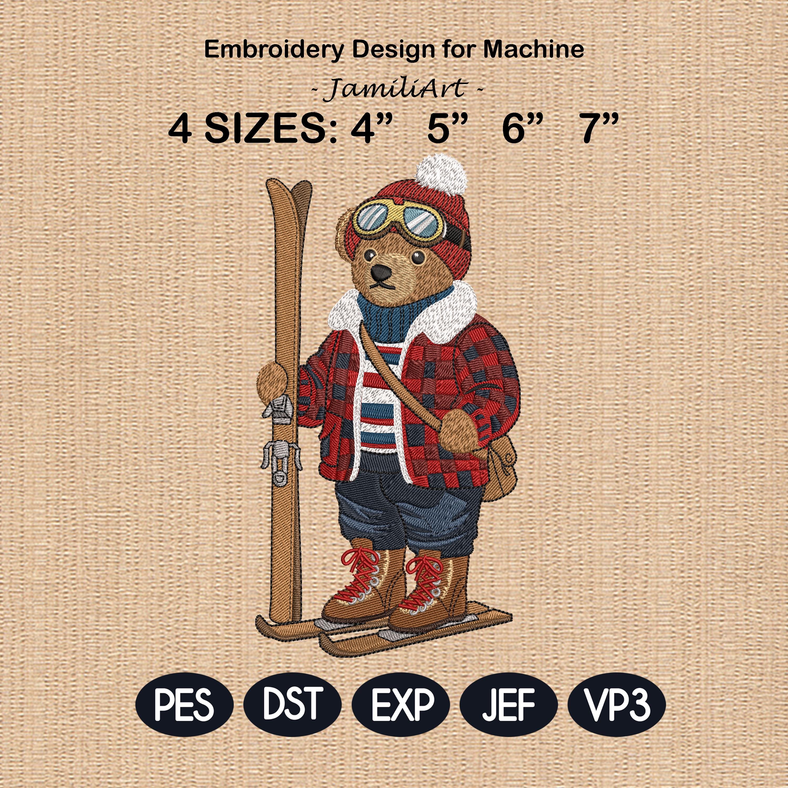 Winter Ski Teddy Bear Embroidery Design, Hiking Bear Machine Embroidery File, Cozy Outdoor Bear, 4 sizes, Instant Download