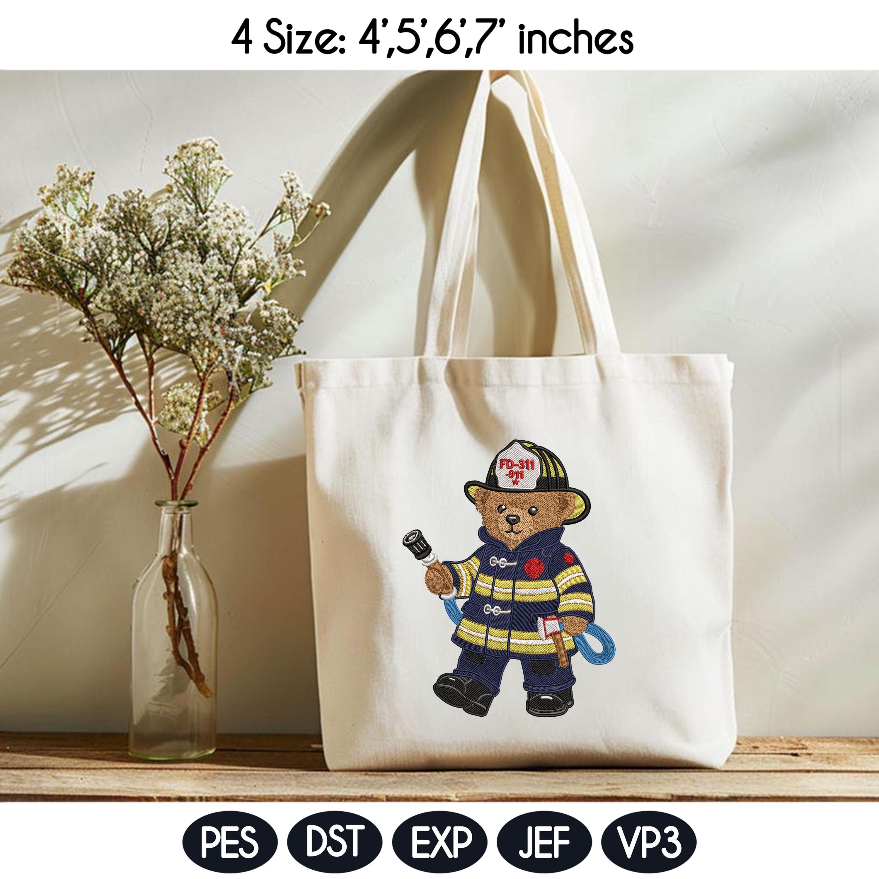 Firefighter Teddy Bear Embroidery Design, Fireman Bear Machine Embroidery File, First Responder Bear, 4 sizes, Instant Download - image 3
